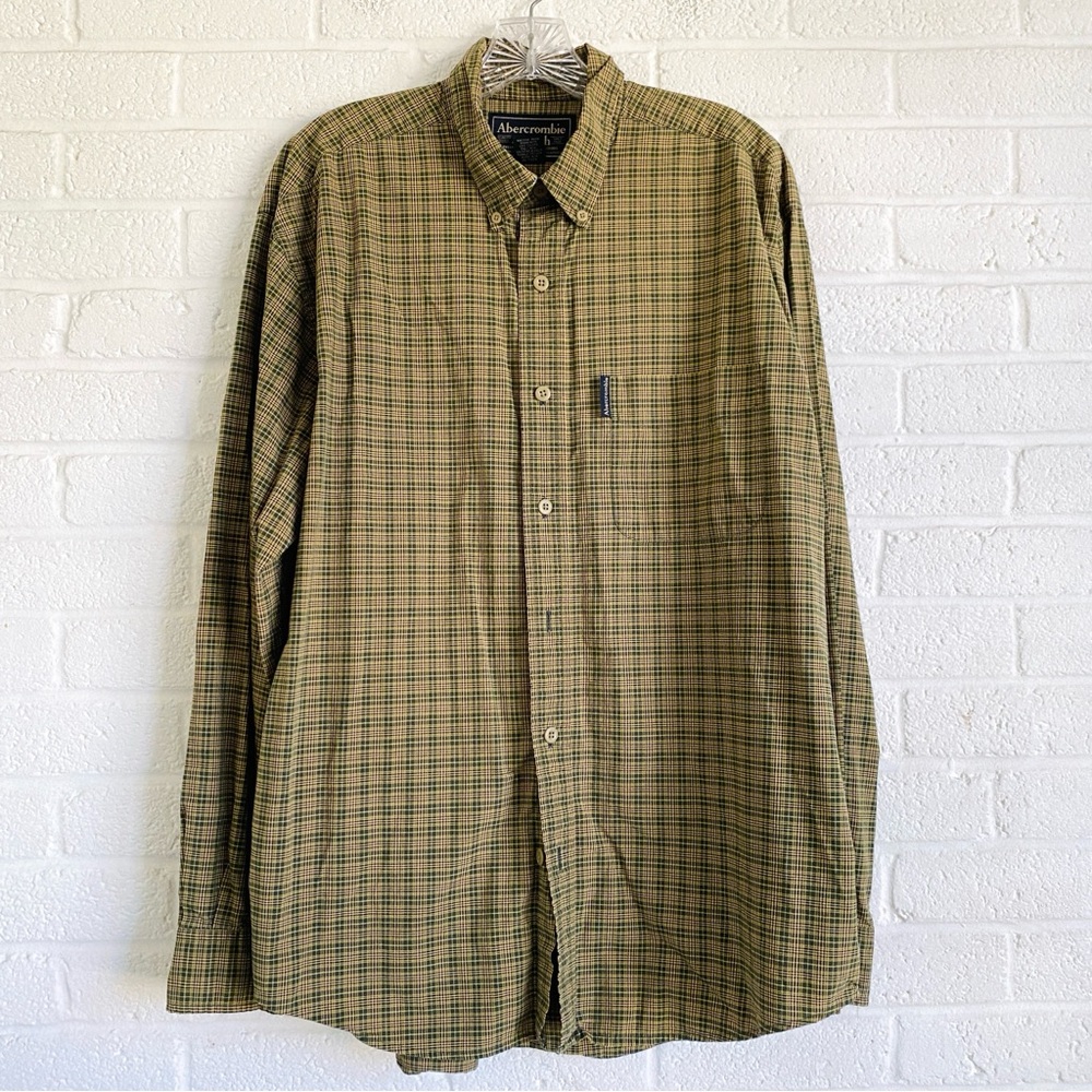 Abercrombie & Fitch Vintage Y2K Shirt Tan Green Checkered M Grunge Streetwear lo
